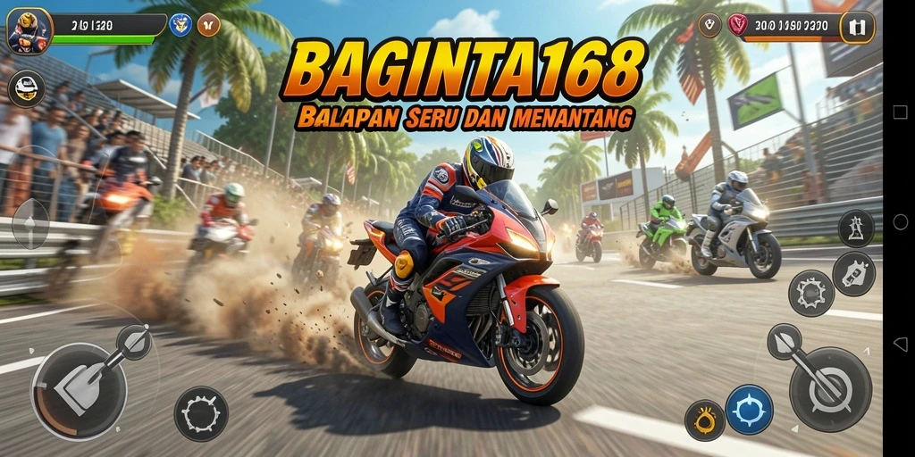 Screenshot utama BAGINTA168 menampilkan balapan motor yang mendebarkan.