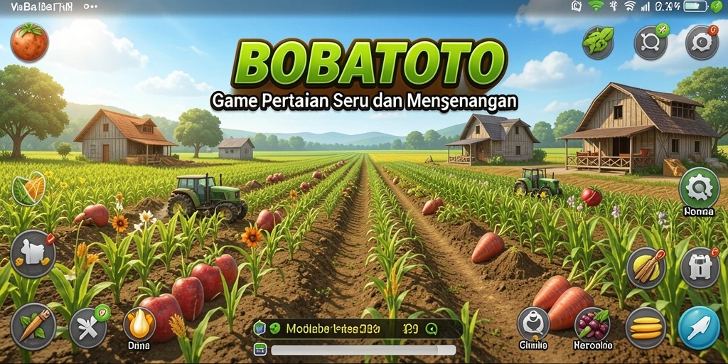 Screenshot gameplay BOBATOTO dengan ladang yang hijau dan cerah.