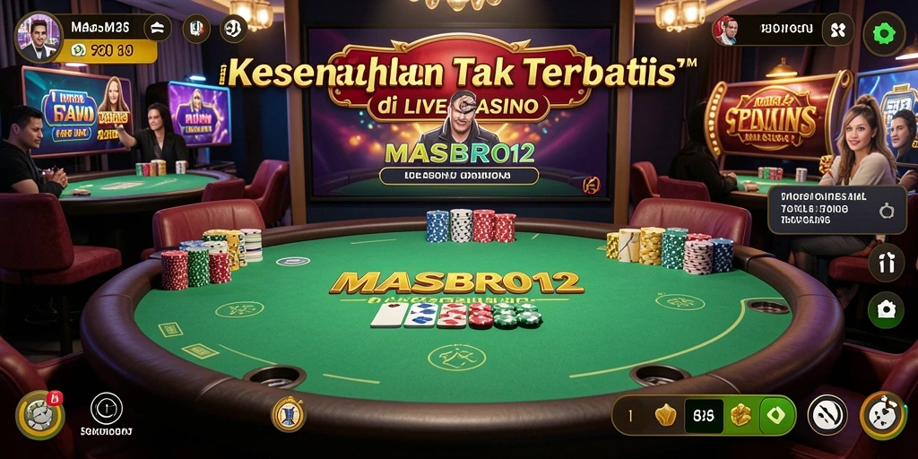 Tangkapan layar gameplay MASBRO12 menunjukkan dealer nyata di Live Casino.