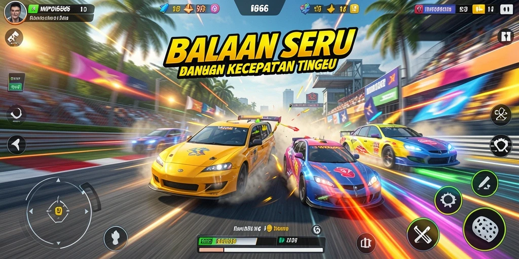 Screenshot menunjukkan aksi balapan intens di <strong>MPO666</strong> dengan mobil-mobil cepat.
