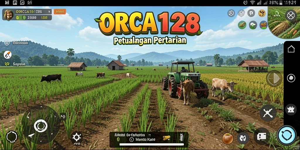 Tampak layar gameplay ORCA128 dengan ladang yang rapi dan tanaman subur.