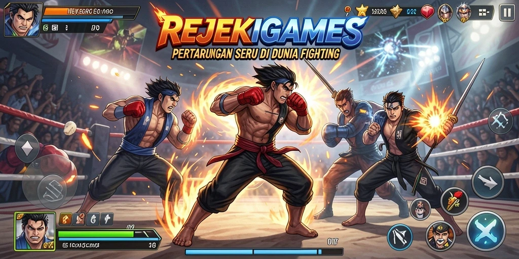 Screenshot utama dari REJEKIGAMES menampilkan pertarungan intens antara dua karakter.