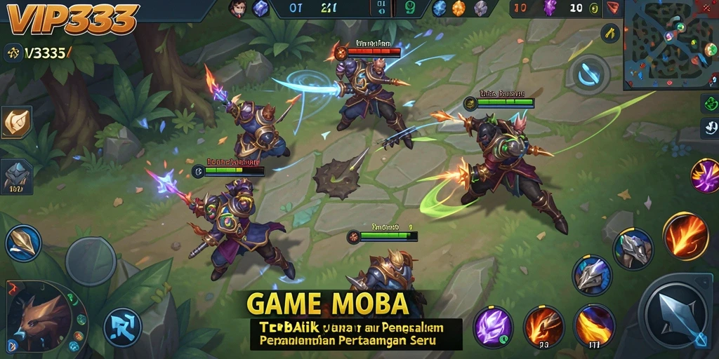 Tampilan gameplay seru dalam pertempuran MOBA yang mendebarkan.